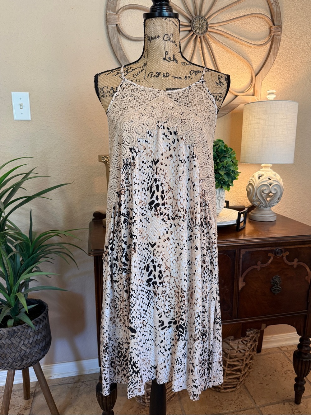 Indigo Rose Animal Print Boho Crochet Yoke Halter Maxi Dress
